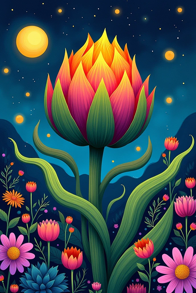 Drawing inspired by "Ode to the Artichoke" by Pablo Neruda, that has vibrant colors and eye-catching shapes