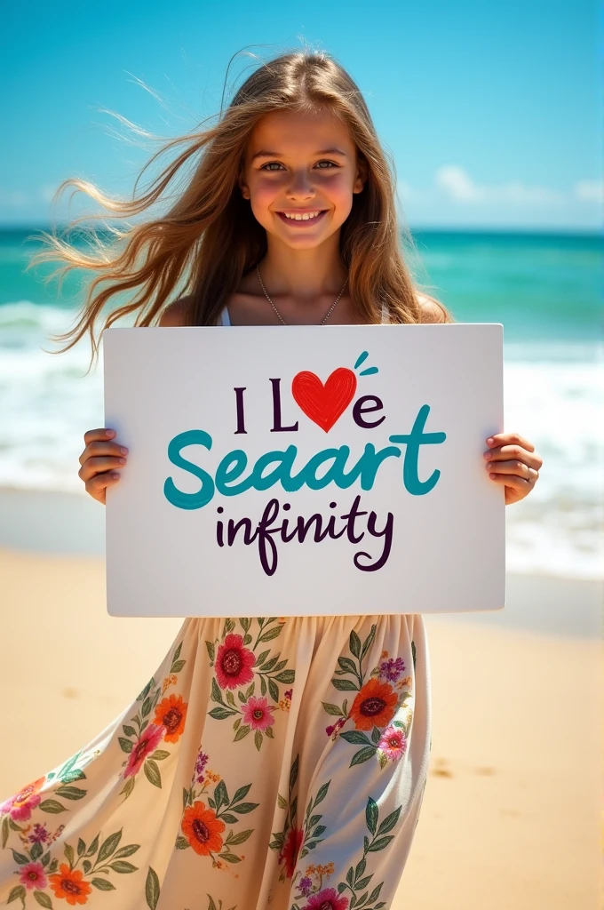 Beautiful girl with wavy long hair, bohemian dress, holding a white board with text "I Love Seaart Infinity" and showing it to the viewer