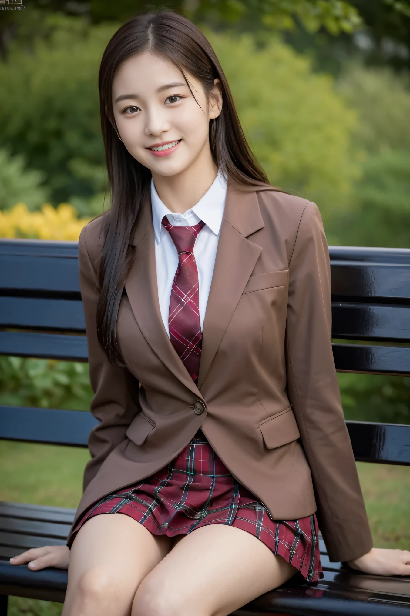 (8K), (highest quality: 1.2), (realistic), (realistic: 1.37), ultra high resolution, 1 girl, cute, smile, closed mouth, beautiful details, beautiful nose, wet hair, giant dulcefo, pork, thighs，self snap,University Student Uniform,sunny day,I can see the sea,sit on a bench in the park,(Simple light brown blazer 1),(dark brown pleated skirt),dark red tie,(The pattern of the skirt and tie is a tartan check pattern...:1.3),thighsとニーハイタイツ