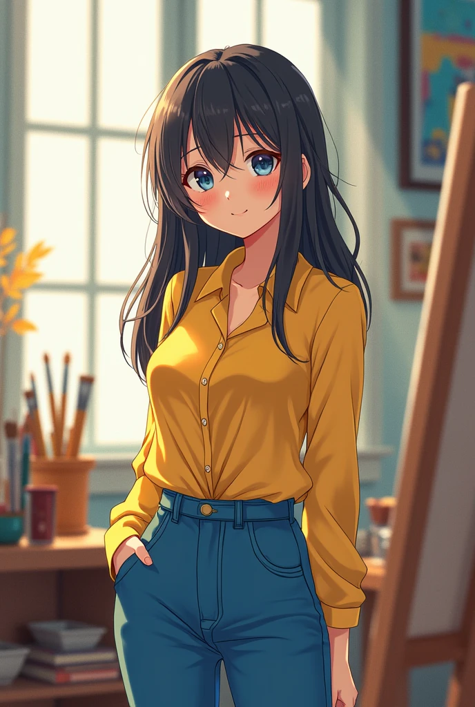 (masterpiece:1.3), (8k、Photorealistic, raw photo, best quality:1.4), (1 girl), (Alone), (cute, little:1.5), (very cute face:1.5), (Symmetrical perfect face), an anime girl wearing a yellow blouse and blue jeans in a store, painted in anime painter's studio, guweiz style artwork, Misty de Pokemon, also, detailed digital anime art, beautiful anime girl, attractive anime girl, is weaalsog a swimsuit, seductive anime girl, soft anime cg art, asuka suit under clothes!, cute anime girl , Volume Lighting, soft light, Bright, Bright colors, realistic, highest quality, photo-realistic
