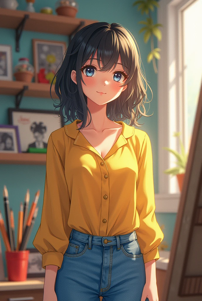 (masterpiece:1.3), (8k、Photorealistic, raw photo, best quality:1.4), (1 girl), (Alone), (cute, little:1.5), (very cute face:1.5), (Symmetrical perfect face), an anime girl wearing a yellow blouse and blue jeans in a store, painted in anime painter&#39;s studio, guweiz style artwork, Misty de Pokemon, also, detailed digital anime art, beautiful anime girl, attractive anime girl, is weaalsog a swimsuit, seductive anime girl, soft anime cg art, asuka suit under clothes!, cute anime girl , Volume Lighting, soft light, Bright, Bright colors, realistic, highest quality, photo-realistic