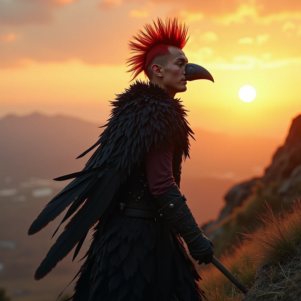 A young man with a red mohawk, with a very large and pointed nose, Scrawny, wearing a cloak made of black crow feathers, Climbing a hill at sunset