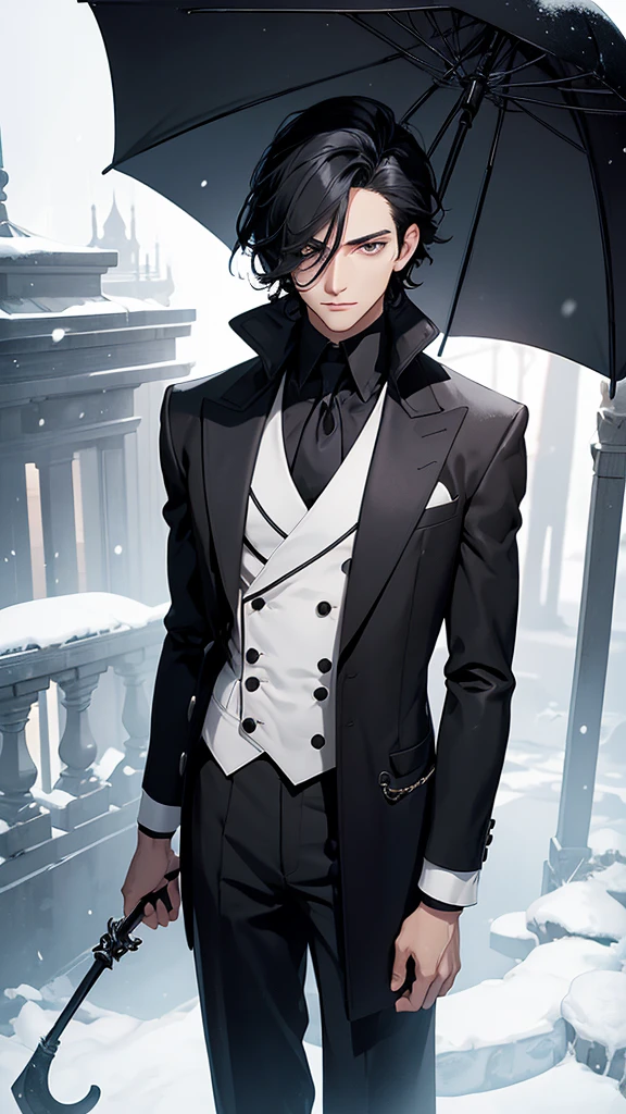 A beautiful young man, hair black as night, grey eyes, Snow white skin, The figure is standing, with the body slightly turned to the left. Your head is covered by a digital lock to preserve privacy. In his right hand he holds a top hat at chest height., while the left arm extends downward and appears to hold the upper end of a cane or umbrella. The long black coat he wears has a double breasted, with large, visible buttons on the front. under the coat, You can see that it appears to be a dark tie on a white shirt. The vest is decorated with a fine chain, which could be part of a pocket watch, his serious and somber look.