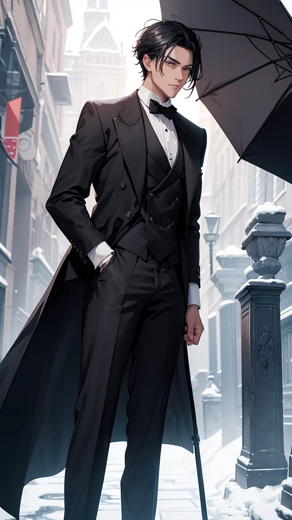 A beautiful young man, hair black as night, grey eyes, Snow white skin, The figure is standing, with the body slightly turned to the left. Your head is covered by a digital lock to preserve privacy. In his right hand he holds a top hat at chest height., while the left arm extends downward and appears to hold the upper end of a cane or umbrella. The long black coat he wears has a double breasted, with large, visible buttons on the front. under the coat, You can see that it appears to be a dark tie on a white shirt. The vest is decorated with a fine chain, which could be part of a pocket watch, his serious and somber look.