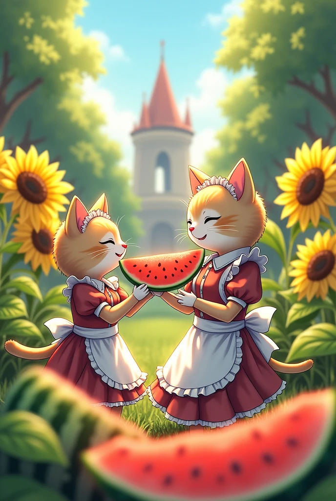 Anthropomorphic cats in maid outfits eating watermelon、Western castle、summer、Lots of sunflowers、garden、Anime illustration、beauty、high resolution、high quality、masterpiece