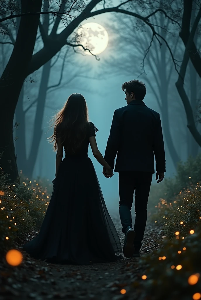  A white girl with long, dark brown hair and dark brown eyes, and a guy who plays in a rock band, dresses in black, has dark brown hair and gray eyes, are a couple and are in a gothic forest at night., that they walk through the forest hand in hand
