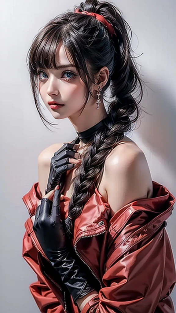 ((Beautiful Face:1.4)), (Purelos Face_v1: 1.0), Half Body,((White simple background)),one person, return,((Natural Big Breasts:1.0)), (Beautiful Japanese Women),bangs, Exposing shoulders, black gloves, Blue eyes, Braiding, choker, Earrings, fingerless gloves, From behind, gloves, Grey Hair, Holding, Jacket, jewelry, Long Hair, View your viewers, looking return, Manicure, Off the shoulder, Lips parted, Earrings, ponytail, red Jacket, alone, Upper Body,[[Realistic]],(Glowing Skin),(masterpiece:1.4),(Highest quality:1.4)