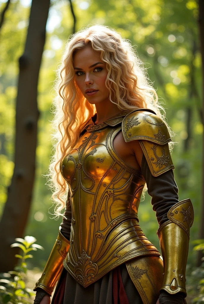 (photorealism:1.2), woman, glowing golden, wearing a golden metallic armour, long curly blonde hair, outdoors in forest, sun in background, battle pose, fighting, realistic, intricate details, warm colors