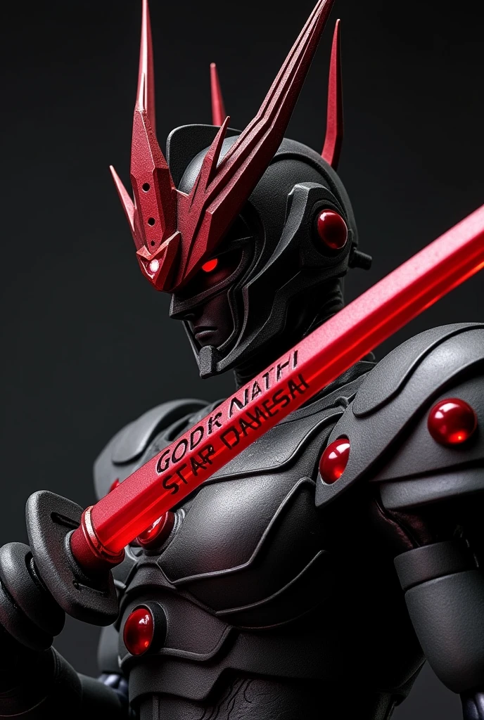 ### **Appearance do King of the Robot**
- **tamanho:** 1,89 meters tall, imposing and striking in stature.
- **head:**
- **format:** The head has a humanoid shape.
- **Visor:** It has a black visor with a single red eye, which is the only bright spot on the visor.
- **Appearance:** has no mouth, but has three small openings below the eye for air passage.
- **Farbeoa:** A red crown adorning the top of the head, giving it an air of royalty and authority.
- **Farbepo:**
- **Farbe:** The body is predominantly black, with gray and red details.
- **detaileds:** The red and gray lines on the body stand out against the black background, giving it an elegant and aggressive look at the same time.
- **elsword:**
- **name:** STAR DEATH.
- **chap:** An imposing katana.
- **Appearance:** Totally red, with the handle being made of another material. the name "GOD" written in ruby on the blade, adding a touch of majesty and power to the sword.