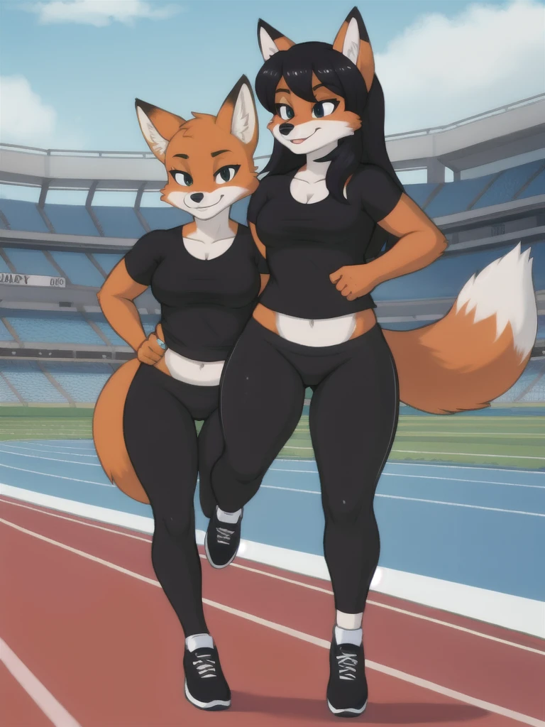 Furry, fox, female, black shirt, black leggings, shoes, running track, friends, full body