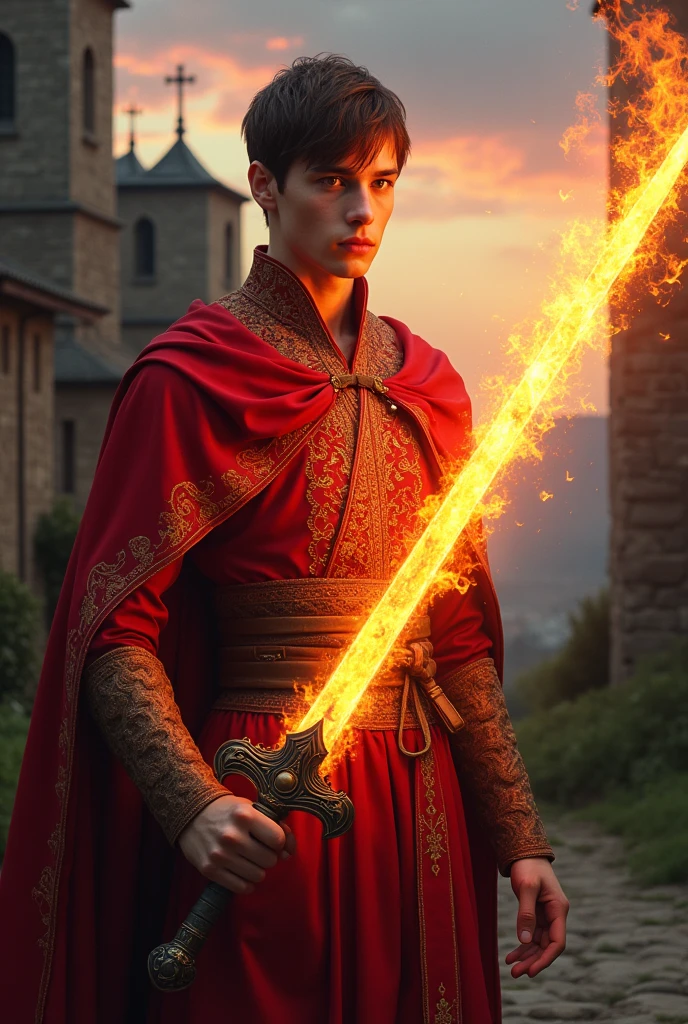 create a character in the medieval era.
an 18 year old young man , with short brown hair(3 centimeters in hair height),standing 6 feet tall, weighing 80 kilos.
Wearing a red outfit and a flaming sword