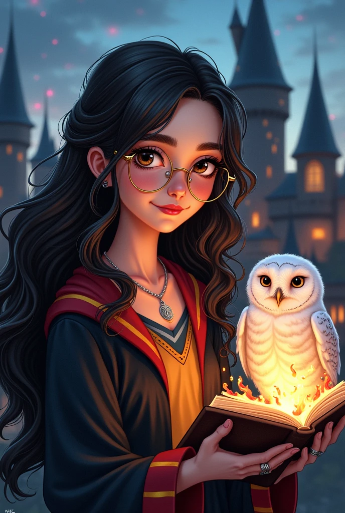 Cartoon drawing of a woman from Hogwarts in Harry Potter style, with long wavy dark hair, dark brown eyes, silver necklace and silver ring, with earrings and gold glasses, in her left hand she has a wooden magic wand, in her right hand a spell book in flames, Your pet is a white owl, she wears a Harry Potter uniform and the background behind her is a Hogwarts castle