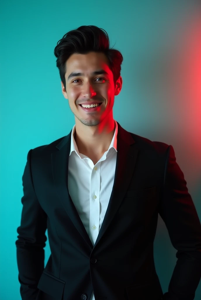 A young man with dark hair and a confident smite He is dressed in a black blazer over a white shirts The man is positioned against aqua colour backdrop with a subtle red lighting on the left side. and he posing for Linkedin profile