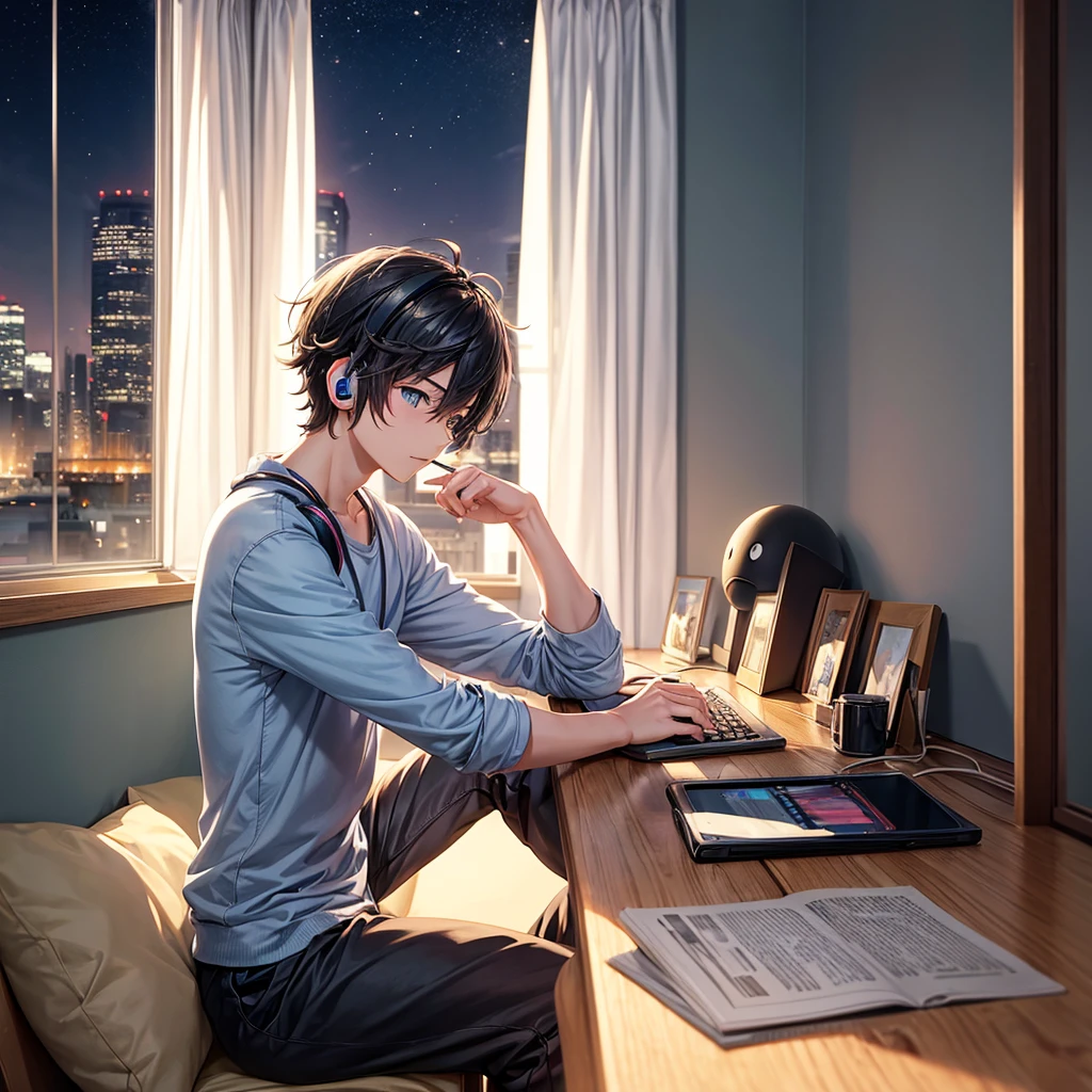 Create an anime style image, of a boy studying in his room near the window, that can see the night city, the boy is wearing headphones listening to music.