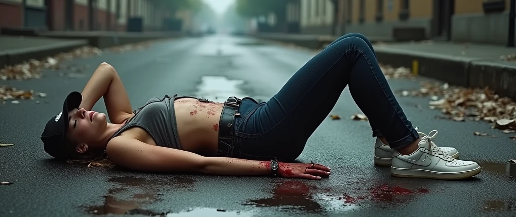 ((sexy 20s several german girls)), black and dark blue tight skinny jeans, belt, nike white air force one sneakers, topless, (((full view))), full body view, lying backwards on the street, war torn city, dirty and wet skin, blood all over the body, scratches, bruise, sleeping, lifeless, eyes closed, mouth open, necklace, showing tits and pointed nipples, wristwatch, bracelet, baseball cap, dead girl, showing armpit and belly button, corpse pose, street view, tortured