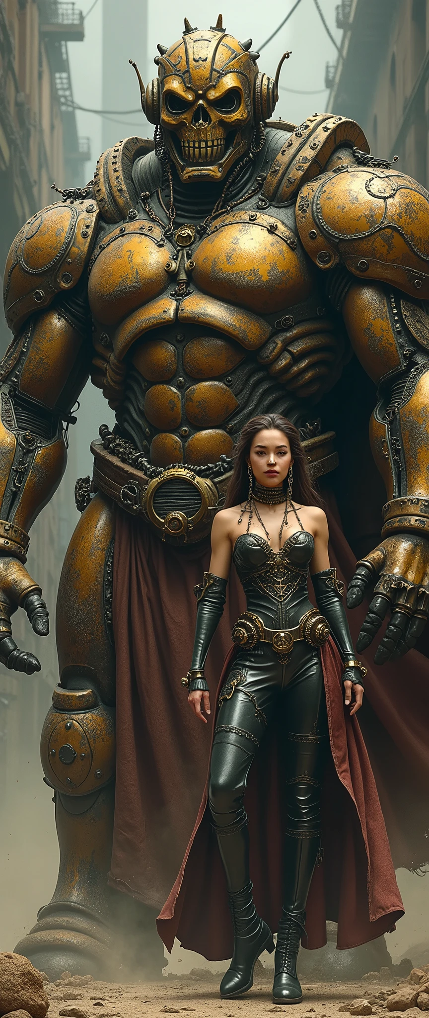 A glamorous steampunk heroine, adorned in intricate brass and leather attire, stands confidently next to a colossal, mechanized titan. The scene is set against a dramatic, industrial backdrop reminiscent of Gerald Brom's dark and fantastical style combined with Frank Frazetta's dynamic and muscular aesthetics. The atmosphere is charged with a blend of gritty steampunk elements and epic fantasy, with an emphasis on bold contrasts and intense energy.