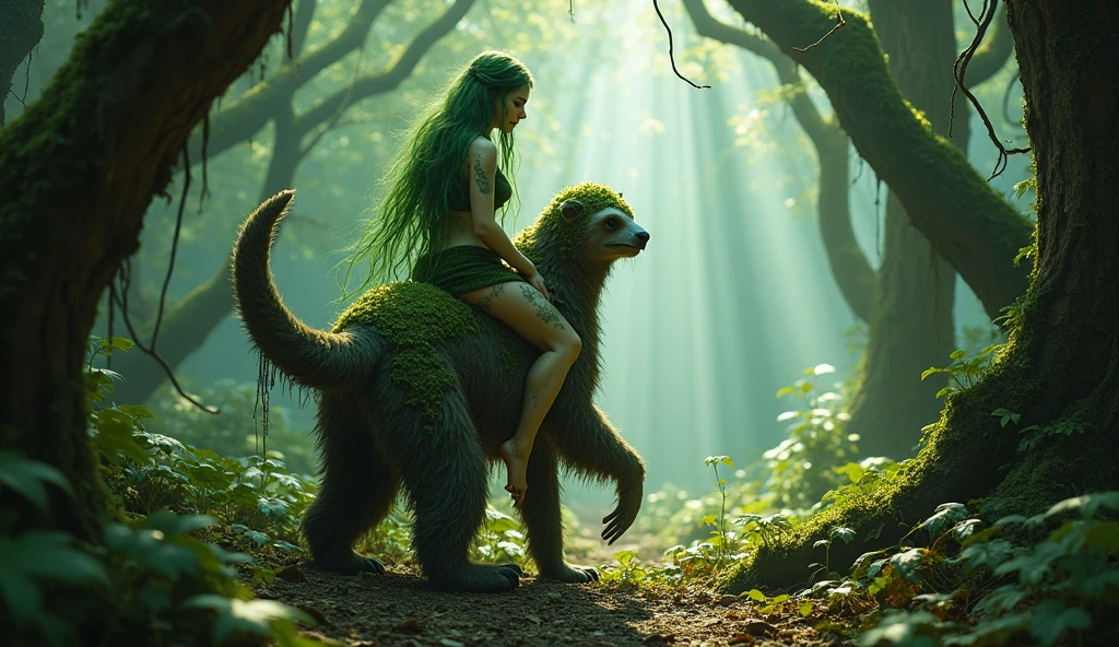 Elf woman riding a Japanese sloth, 20 years old, moss growing on her skin, disgusting, dirty