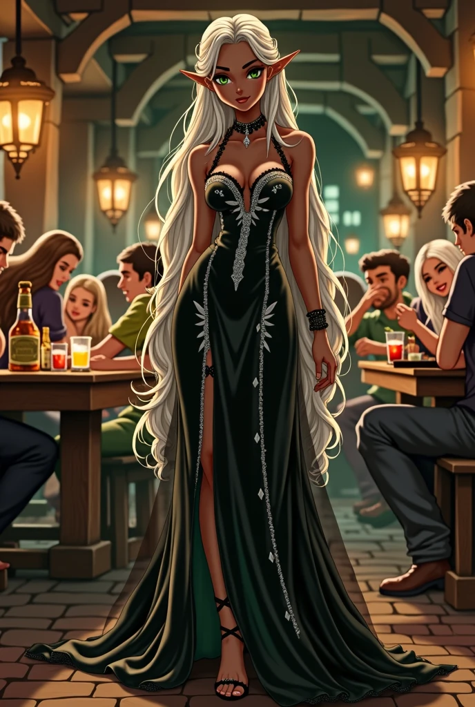 A tall, adult anime girl with brown skin, green eyes, white hair, and elf ears. She is wearing a black gothic dress and is in a tavern. 