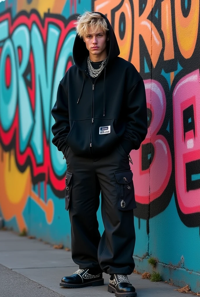 a trap singer, male, dark blond, looked from back, wearing all black clothes, oversized, hoodie, wide trousers, boots, chains, streetwear, standing on A WALLWITH GRAFFITIS, WITH THE WORDS  "TORINO" AND "BYE" 