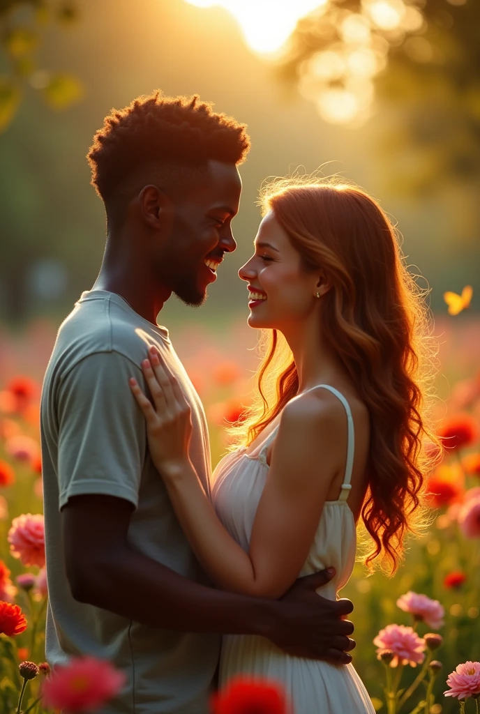create a drawing of a couple where the boy has black skin and the girl has white skin
