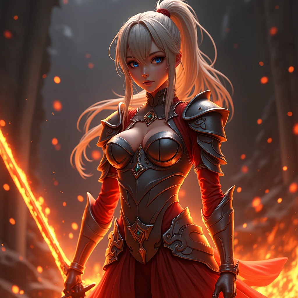 Highest quality, Very detailed, (Ultra-high resolution,8k), ultra-detailed 4K, Proper Lighting, Realistic Textures, Cinematic lighting effects, (Perfect Anatomy, Anatomically correct), (Women with big breasts have a sexy appeal), (Paladin), (Beautiful armor of hellfire that covers the whole body:1.6), (Sharp eyes), ((inflammationのマント)), (surrounded by detailed inflammations:1.5), 銀hair, (ponytail), (Dynamic configuration), High quality facial beauty, (Beautiful blue eyes like sapphires), (Open your mouth), Realistic, Shine肌, (Fine skin,hair ), Magma erupting with force, Crystal clear and clean water, (((Midnight, dark))), (Pause:1.3), (Holding a sword that is beautiful down to the last detail), fire,floating,inflammation,magic,Shine, shinkai makoto