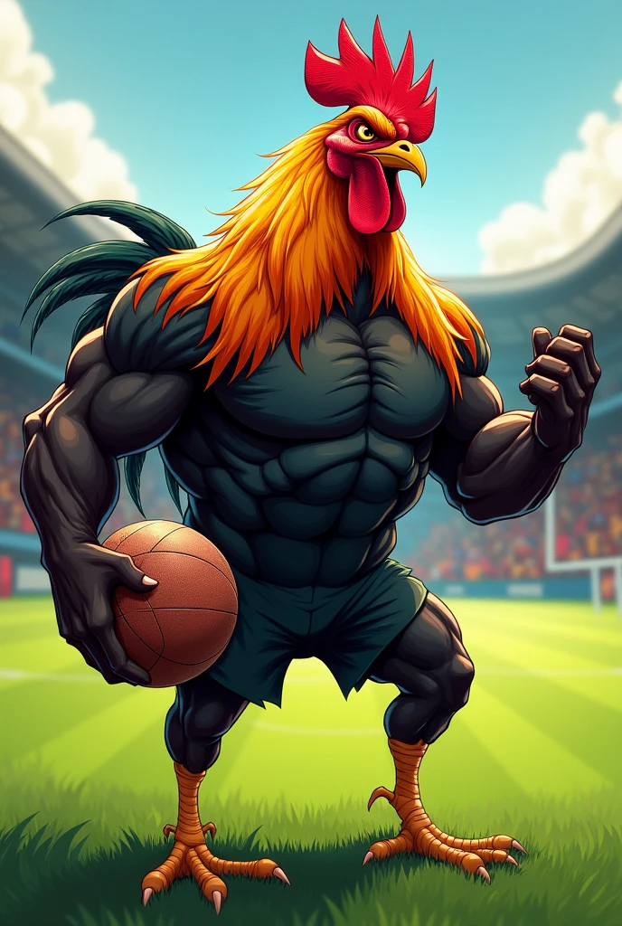 A modern and strong rooster holding a football in his hand with an angry face on a football pitch ready for a clash.