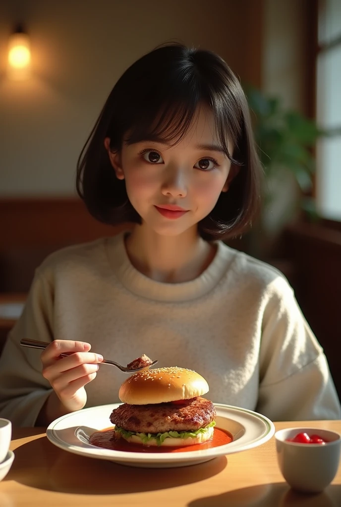 Eating hamburger steak, (Full body shot), Highest quality, Soft Light, Ultra-high resolution, (Realistic:1.4), RAW Photos, Japanese Mature, alone, Are fat, the waist is thick, obesity, cute, (A shy smile:0.5), (Brown eyes, Light in your eyes), (High resolution detail of human skin texture), (Short Bob)
