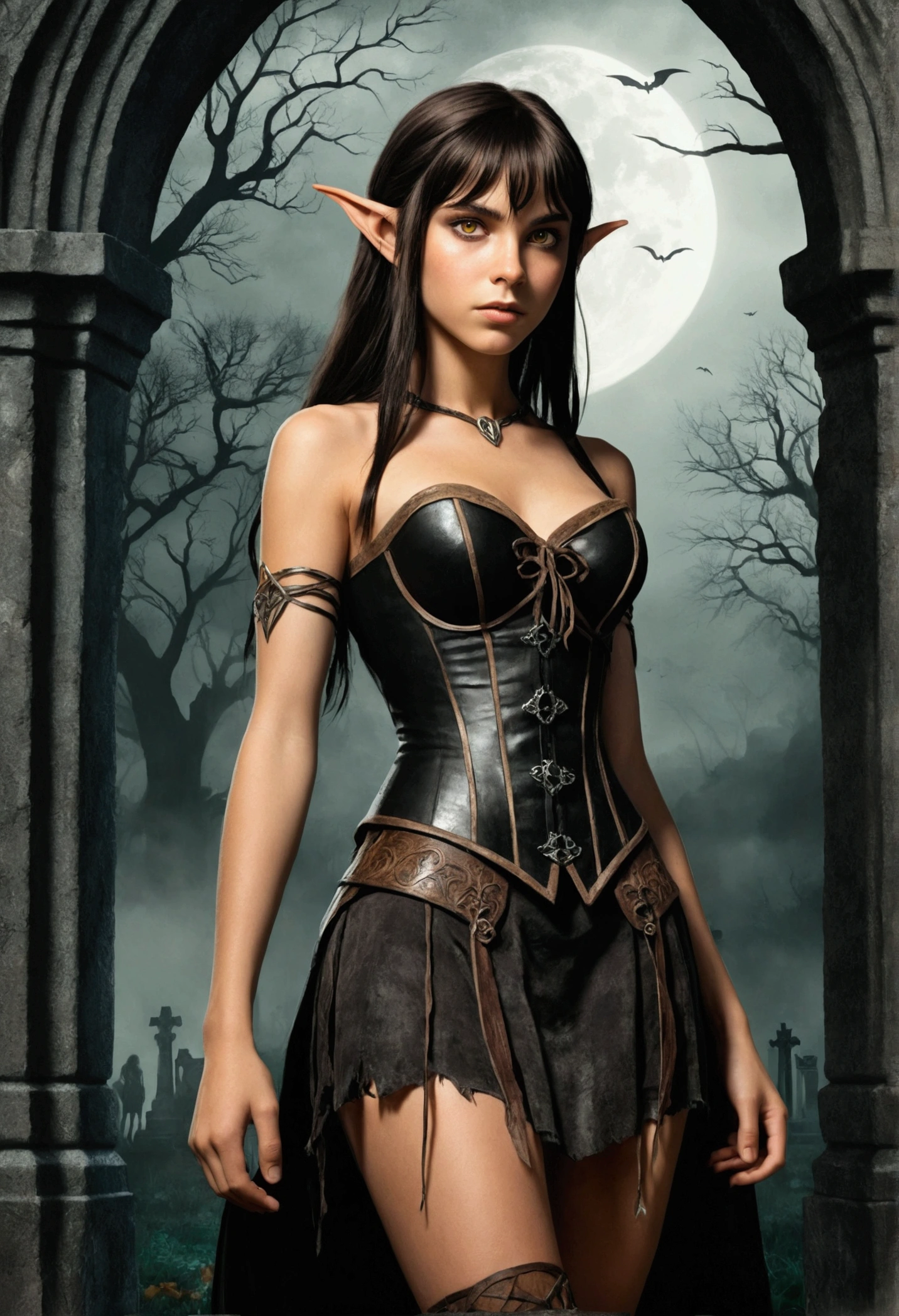 An illustrated movie poster, hand-drawn, full color, a teenage elven girl, wearing a black corset and a frayed miniskirt, tall, toned, amazonian stature, athletic hourglass figure, long pointy elf ears, amber eyes, dark hair, shaggy bob cut with thick bangs, deep sun-tanned skintone, freckles, standing in a spooky gothic cemetery, graphite shading, stencil marks, airbrushed acrylic paint, masterpiece, in the style of the Lord of the Rings