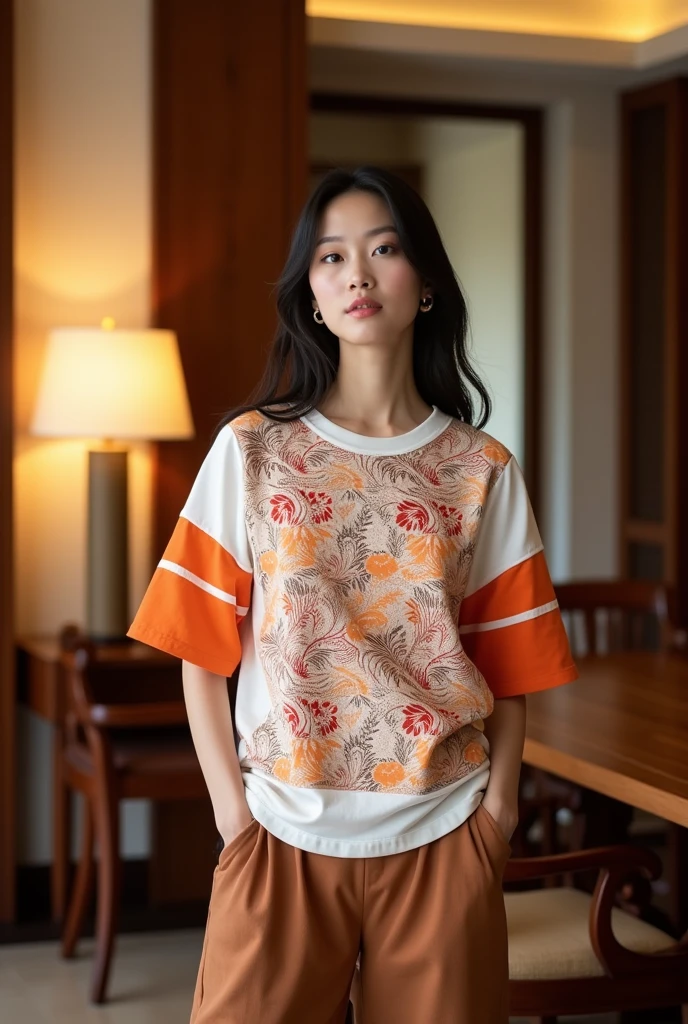 Female model. Modern style. Wearing a white short-sleeved round-neck T-shirt with Vietnamese ethnic brocade patterns in orange, red, and brown. Solid sleeves with orange stripes. Loose brown A-line pants with side pockets. Set in a luxurious wooden interior room. Cream-colored walls. Table, chairs, lamps