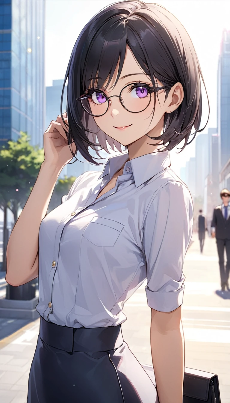 dynamic angle, standing, sexy pose, bewitching pose, Very cute pose, Highest quality、Best image quality、masterpiece、Anime Style、a girl、Beautiful Eyes、black hair, purple eyes、Short bob cut、(sideburns), middle part, (flat chest)、slender、Tight waist、Small Ass、Round Glasses、Beautiful Face、Natural smile, red cheek, office lady, (micro mini-skirt), noon、In the office district、skyscraper、watch、cowboy shot, Shallow depth of field、