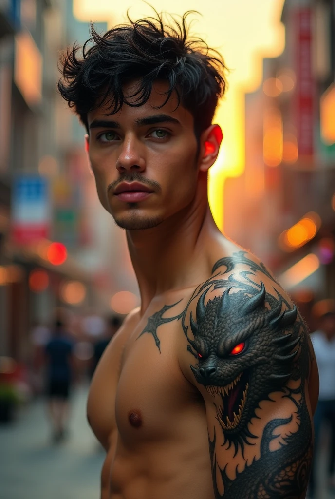 Create a handsome guy with green eyes and black hair with light brown skin, that he is not black or dark toned, that he has fair skin. With a dragon tattoo that runs down his entire right arm and the dragon's face reaches his neck, The dragon must be black with red eyes and its mouth open as it reaches the neck part as if it were devouring it., that the dragon is only on the right arm and when the dragon's face reaches the neck it has its mouth open as if it were going to devour the handsome boy