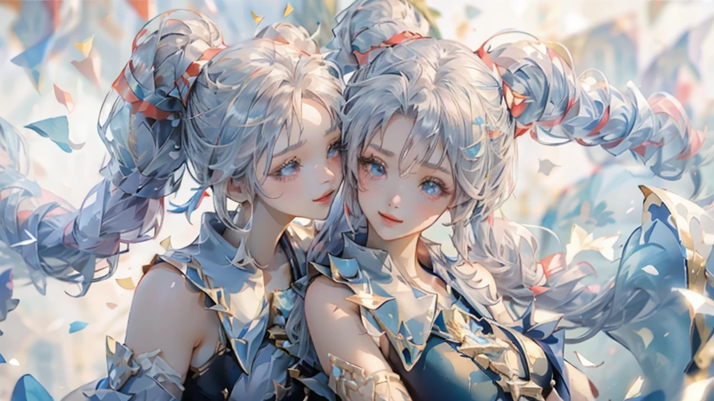 Twin tails,Official Art, masterpiece, Sharp focus, (Beautiful, gorgeous, and cute woman:1.3), (Beautiful and cute woman:1.3), Delicate and beautiful hair, Eyes and Face, Realistic, Very detailed, Beautiful woman, blue sky, (Side light:1.2), sunlight, White cloud, Delicate clouds, thin, ((Smile with your eyes, Please open your eyes)), landscape,Gold decoration, Sacred atmosphere,Smile,Decorations