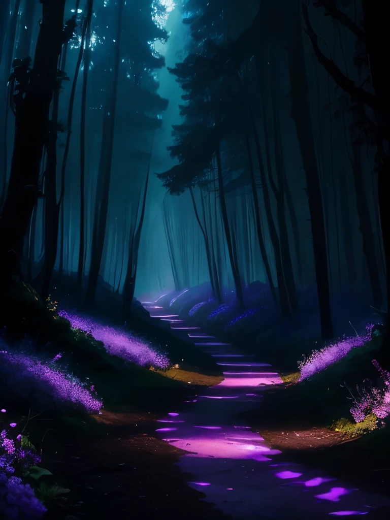 painting of a path in a forest with purple flowers, glowing forest, beautiful lush colors, forest colors, dark neon colored rainforest, magical colors and atmosphere, magical colours and atmosphere, really beautiful forest, magical forest, magical forest in the background, incredible colors, bioluminescent forest floor, neon lights lots of trees, amazing colors, blue forest, magic forest