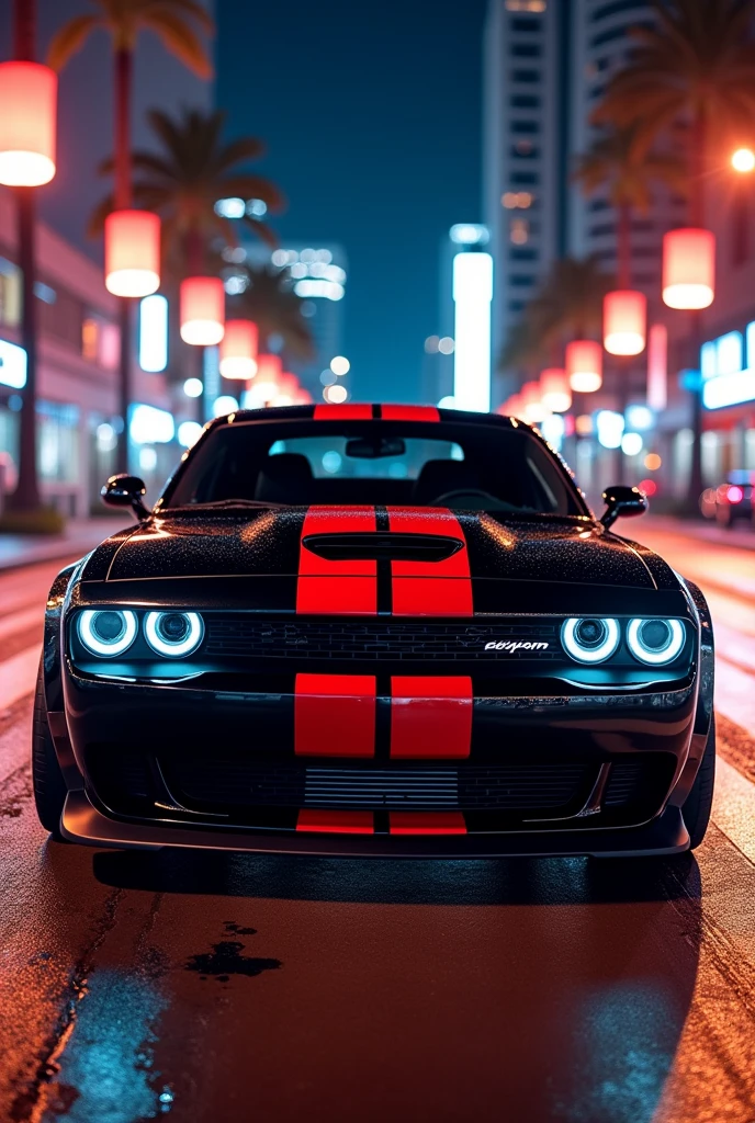 The words 'Turbo Cornbread' written on the front hood of a black SRT Demon with a body kit and red stripes going down the middle with city lights reflecting on the paint of the car.