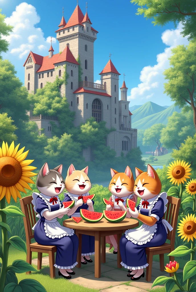 Anthropomorphic cats in maid outfits eating watermelon、Western castle、summer、Lots of sunflowers、garden、Anime illustration、beauty、high resolution、high quality、masterpiece