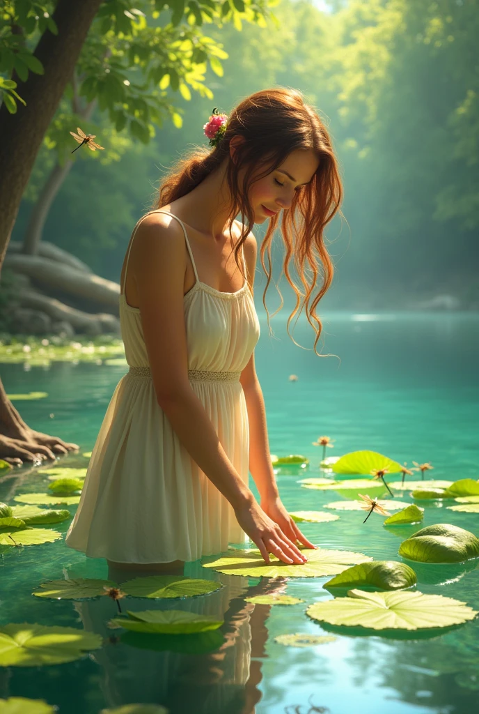 (masterpiece:1.3), (best quality:1.3), Echo and Narcissus, Echo leaning above the pond to see his reflection, Beautiful Echo looking at him, forest background.