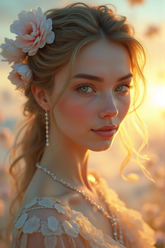 Exquisite girl,Black eyes,blond hair,tulip,Flowers,glowing jewelry,gorgeous,high resolution,极high resolution,wallpaper,Adding details,Clarity Enhancement,Detail Enhancement,Silver Hair,Divine Light