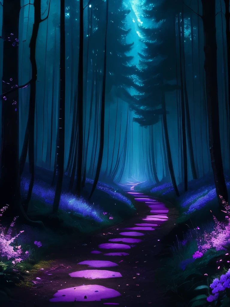 painting of a path in a forest with purple flowers, glowing forest, beautiful lush colors, forest colors, dark neon colored rainforest, magical colors and atmosphere, magical colours and atmosphere, really beautiful forest, magical forest, magical forest in the background, incredible colors, bioluminescent forest floor, neon lights lots of trees, amazing colors, blue forest, magic forest