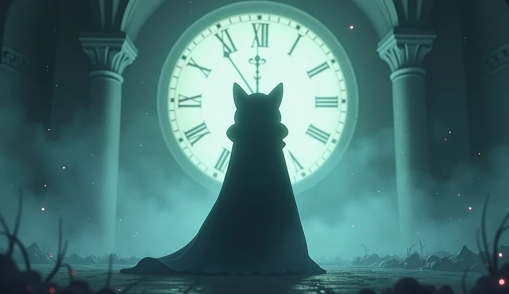 Anime scene where the silhouette of a cat wearing a cloak standing in front of a clock can be seen in the distance, Dreamy psychedelic anime, Cytus and Deemo Style, videoScreenshots of the game, Gore anime screenshot, Animation still screenshots, video Screenshots of the game, Cut scene footage, アニメmovieのスクリーンショット, Screenshots of the game, movie, Screenshots of the game, From the TV anime