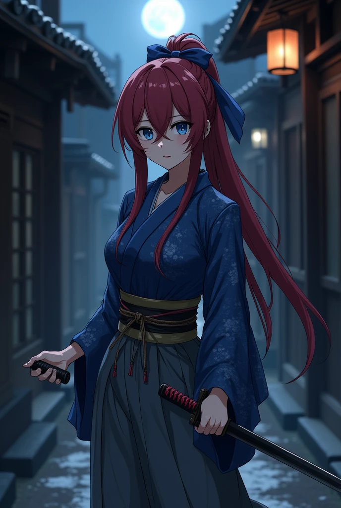An anime Japanese woman in a kimono, with blue eyes, long red hair in a ponytail, gray hakama pants, and a blue outfit. She has a katana strapped to her left hip and large breasts. Her hair is tied with a blue ribbon. It's night, and she stands in a very dark Kyoto street, in the middle of a killing spree, covered in blood. She's a swordsman, Battosai the Manslayer. Her face is downcast, and she's biting her lower lip. Her eyes lack any shine.