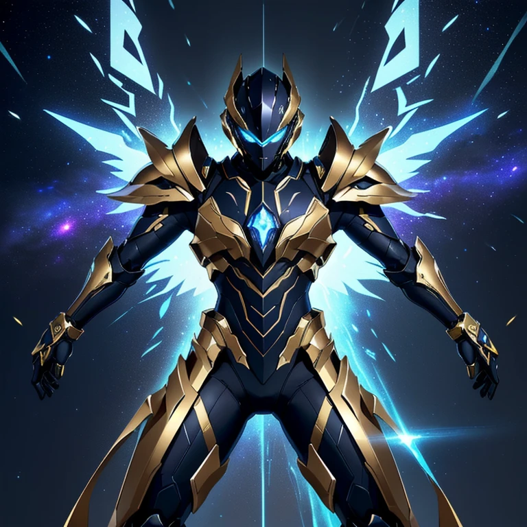 The image presents a highly detailed and futuristic armor designed for a male warrior. The armor combines elements from different parts to create a cohesive and powerful look.
Helmet: The helmet features a sleek, aerodynamic design with a golden metallic finish. It has a central crest that rises upwards, and the visor glows with a bright blue light, giving it a high-tech, futuristic appearance.
Pauldrons (Shoulder Pads): The shoulder pads are large and wing-like, curving outward and upward, with a polished golden finish. These pads extend slightly beyond the shoulders and include a sleek, angular design, providing both a majestic and powerful look.
Chest Plate: The chest plate is intricately segmented, with a combination of gold and dark metallic blue. It has a gem-like crystal in the center that emits a soft, mystical glow. The design of the chest plate is both protective and regal, with sharp, angular lines that add to the overall futuristic aesthetic.
Arm Guards: The arm guards are sleek and streamlined, with articulated golden and purple segments that offer flexibility and protection. The design of the gauntlets is both robust and elegant, incorporating futuristic elements that blend with the classic style.
Leg Armor: The legs are armored with segmented plates that are primarily gold and purple. The boots are angular and sturdy, with a design that conveys both strength and agility. The overall look of the leg armor is grounded yet sleek, completing the ensemble with a powerful stance.
The background of the image is a dark cosmic scene, filled with distant stars and nebulae that highlight the polished surfaces of the armor. Dynamic lighting is used to emphasize the key features, particularly the glowing visor and central chest gem, reinforcing the mystical and imposing nature of the warrior.