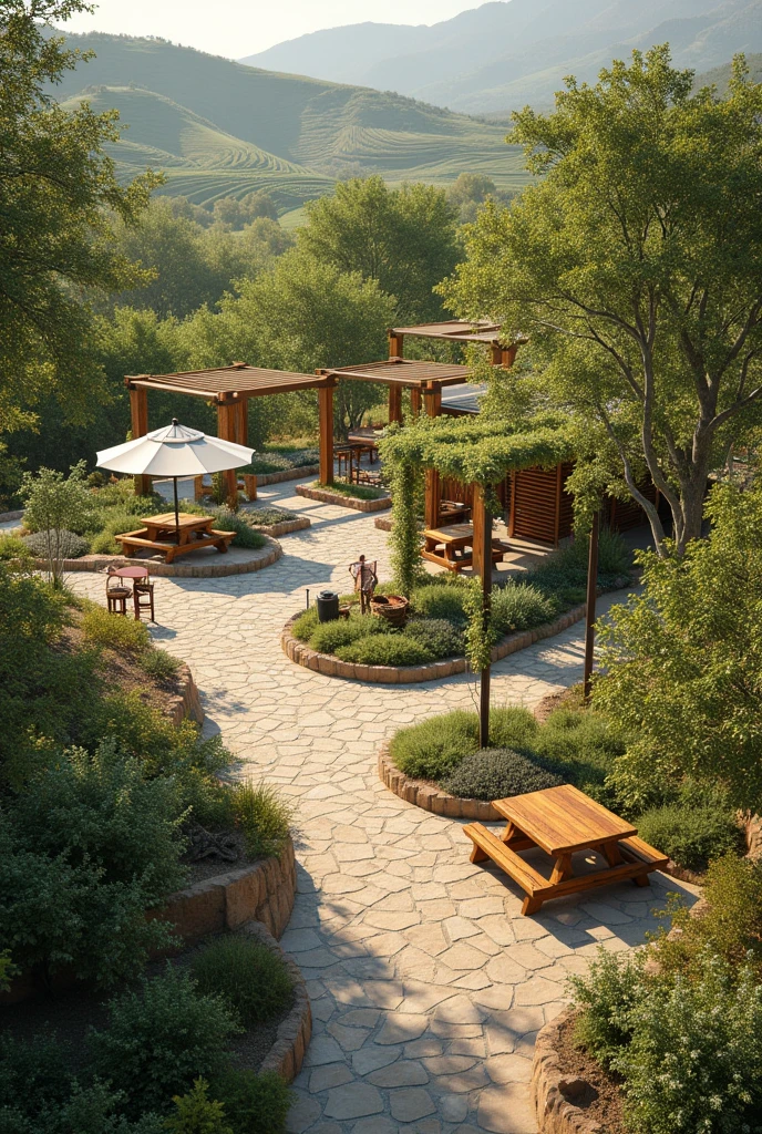 Recreation Area "La Bodega de Lilith"
Location and Ambiance:
Located in a quiet area of the vineyard with panoramic views of the vineyards and mountains.
Main elements:
1. Picnic Area:
- Tables and benches made from recycled wood under pergolas with vines.
- Eco-friendly umbrellas and a natural water fountain.
2. Rest and Reading Area:
- Benches and hammocks under trees.
- Small outdoor library with books on wine and sustainability.
3. Aromatic Plant Garden:
- Aromatic and medicinal herb garden with stone paths.
4. Sports Area:
- Grass field for soccer and volleyball.
- Outdoor exercise equipment.
5. Barbecue Area and Outdoor Dining:
- Outdoor kitchen with eco-friendly grills and communal tables.
6. Hiking and Cycling Circuit:
- Hiking and biking trails, with rest stations and panoramic views.
aesthetics and sustainability:
Designed with recycled materials, solar energy for lighting and recycled water for irrigation, emphasizing integration with the natural environment and sustainability.