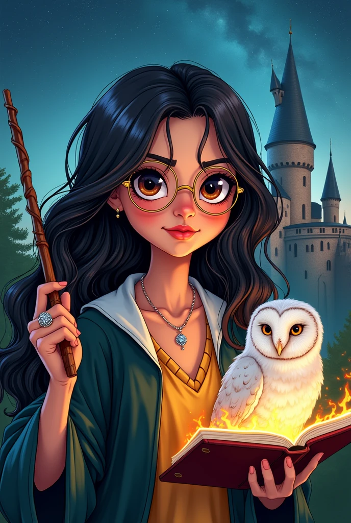 Cartoon drawing of a woman from Hogwarts in Harry Potter style, with long wavy dark hair, dark brown eyes, silver necklace and silver ring, with earrings and gold glasses, in her left hand she has a wooden magic wand, in her right hand a spell book in flames, Your pet is a white owl, she wears a Harry Potter uniform and the background behind her is a Hogwarts castle
