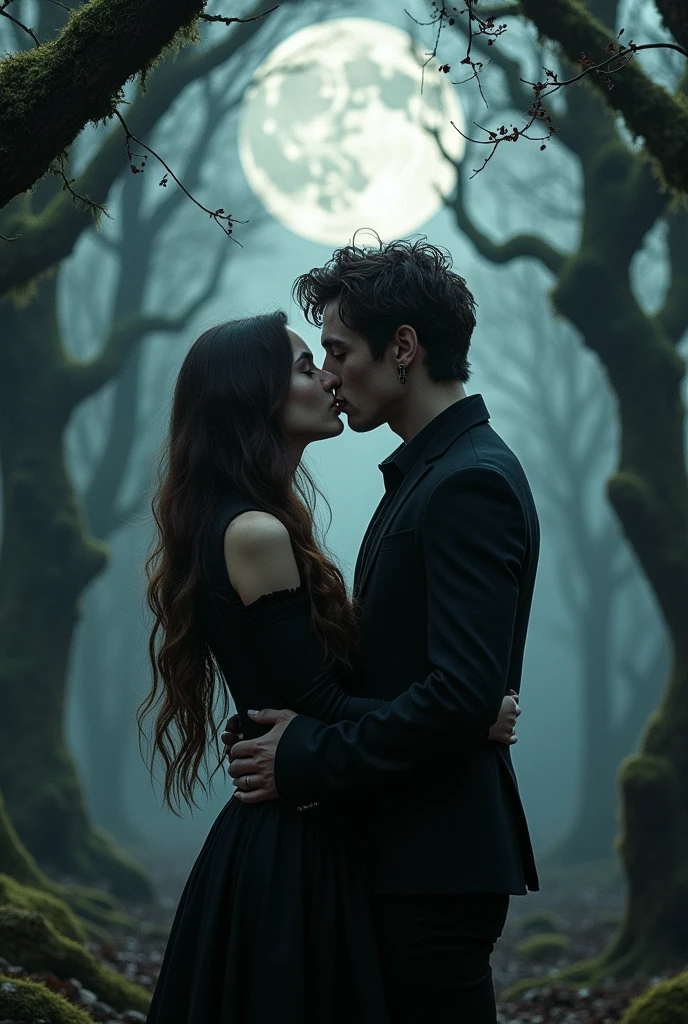 A white girl with long, dark brown hair and dark brown eyes, and a guy who plays in a rock band, dresses in black, has dark brown hair and gray eyes, are a couple and are in a gothic forest at night., that they kiss