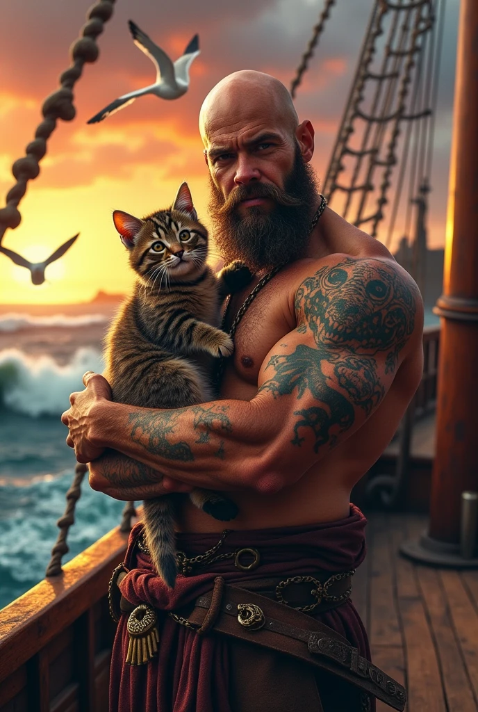 Bald muscular pirate with a cute kitten