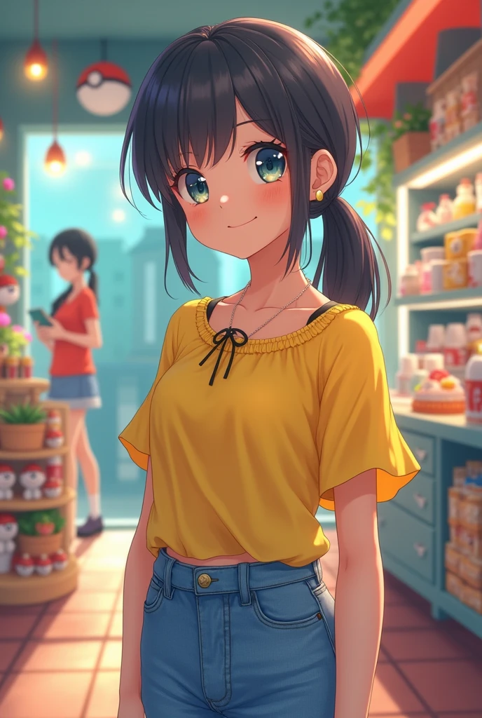 (masterpiece:1.3), (8K、photorealistic, Raw photo, best quality:1.4), (1 girl), (solo), (cute, little:1.5), (very cute face:1.5), (Symmetrical perfect face), una chica anime con una blusa amarilla y jeans azules en una tienda, Misty de Pokémon,is weatambiéng a swimsuit, traje asuka debajo de la ropa!, volume lighting, soft light, bright, Bright colors, realistic, highest quality, photo-realistic