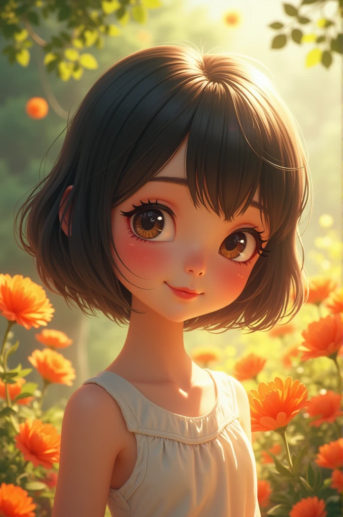 Create a girl with short hair and bangs., Short hair up to the ears, full lips, White skin, slanted eyes, and oval face 