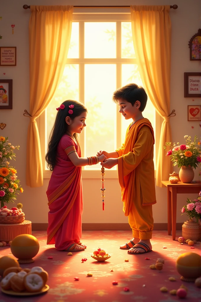 A sun light Room and backside wall her and his names Madhu Radhika Sister Doing brother Hand Rakhi Festival