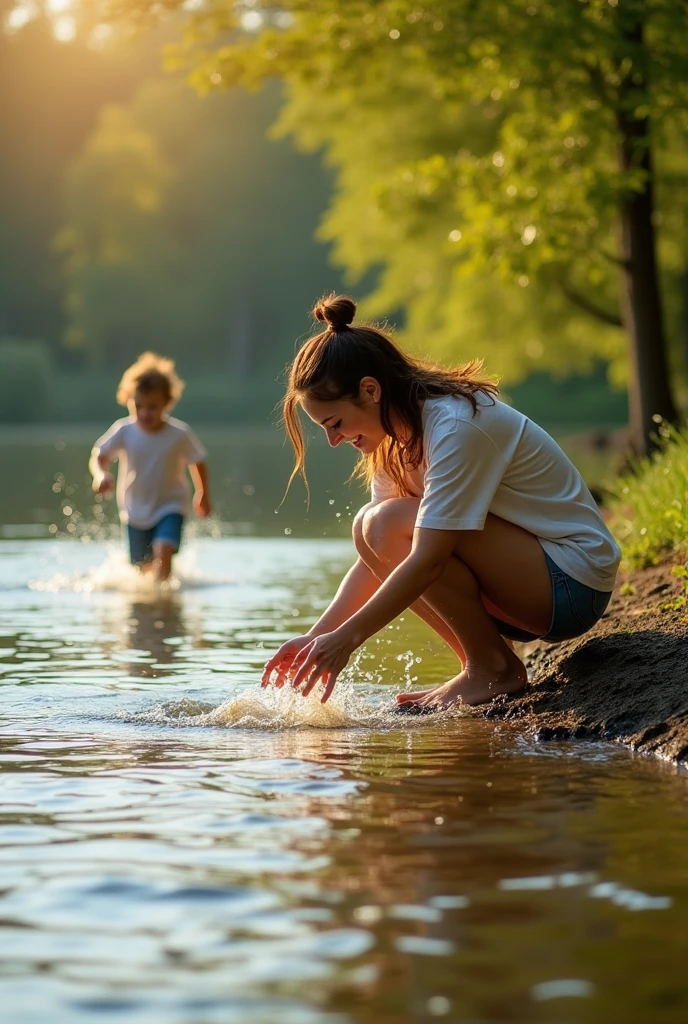 A mother taking care of the water, now her son is coming