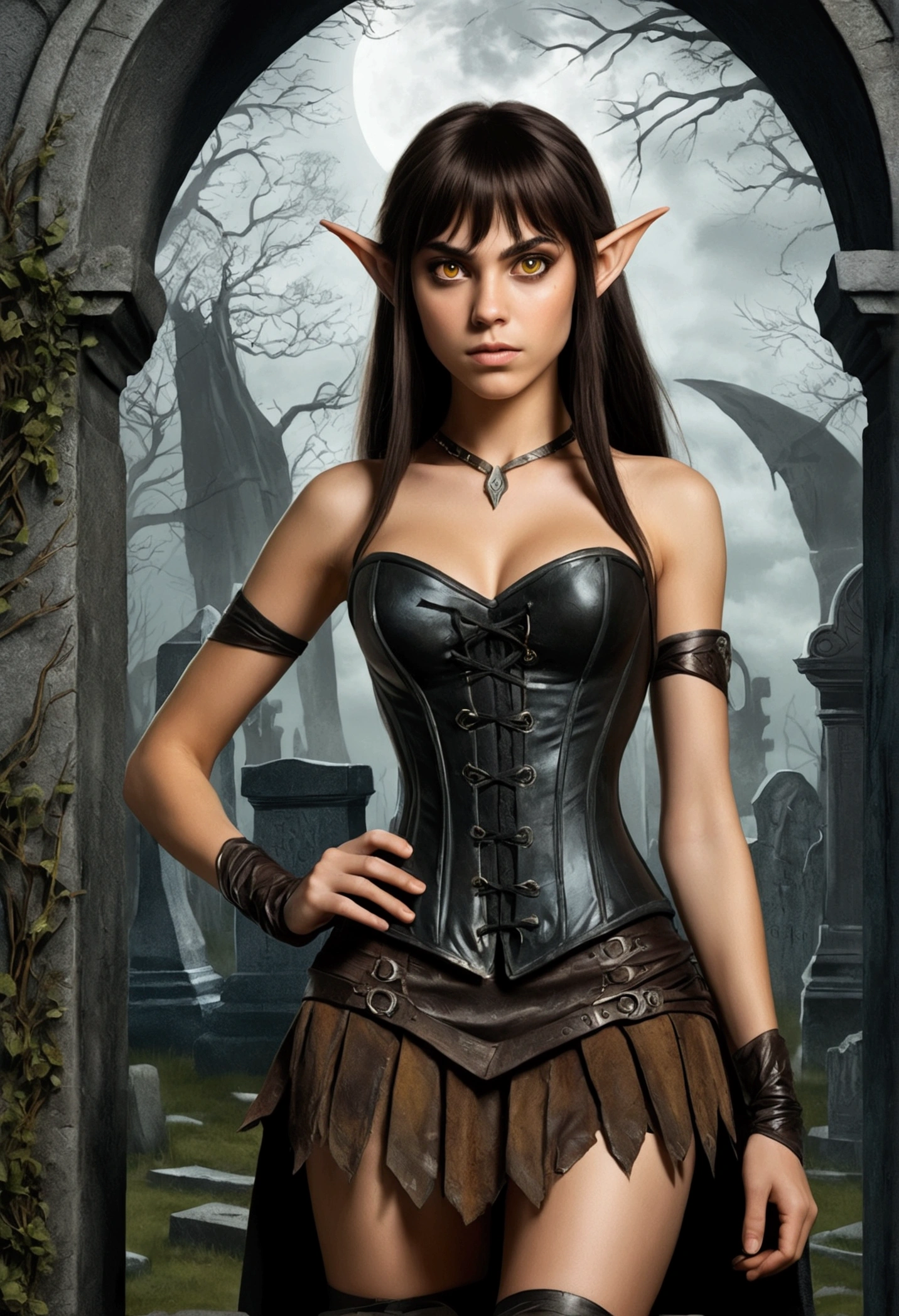 An illustrated movie poster, hand-drawn, full color, a age elven girl, wearing a black corset and a frayed miniskirt, tall, toned, amazonian stature, athletic hourglass figure, long pointy elf ears, amber eyes, dark hair, shaggy bob cut with thick bangs, deep sun-tanned skintone, freckles, standing in a spooky gothic cemetery, graphite shading, stencil marks, airbrushed acrylic paint, masterpiece, in the style of the Lord of the Rings